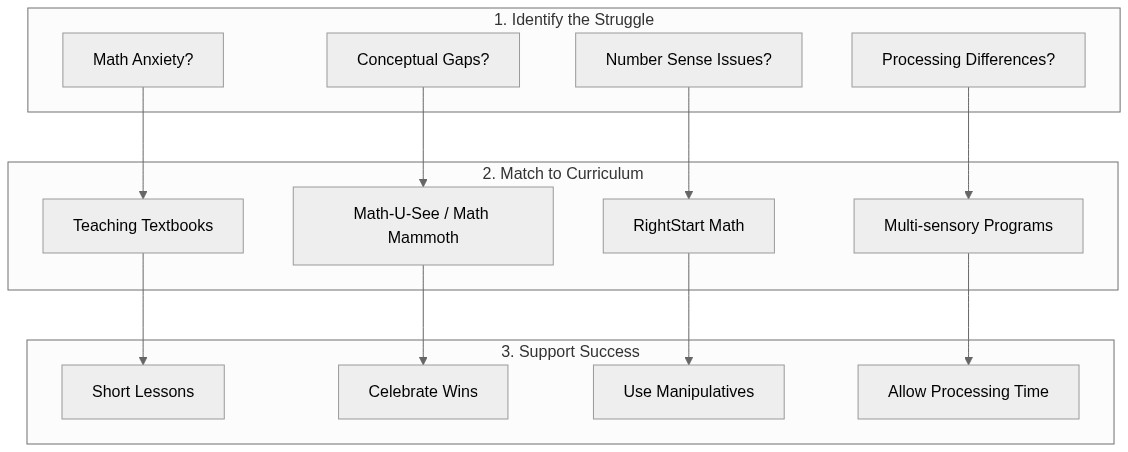 Flowchart showing how to identify math struggles and match them to appropriate curriculum choices
